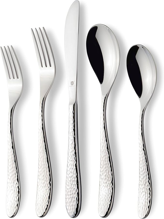 Hammered Silverware Set | Premium 18/10 Stainless Steel Flatware Service for 12 | Heavy-Duty & Dishwasher Safe | Built to Last (60-Piece, Marettimo Hammered)