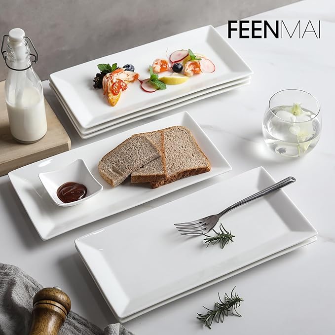 12" Serving Platters Set of 4, White Rectangular Plates, Ceramic Serving Tray, Stackable Large Party Plates for Appetizer, Dessert, Steak, Sushi, Housewarming, Oven Dishwasher Safe
