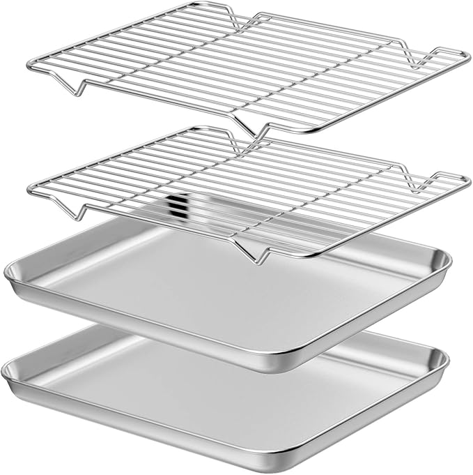 Wildone Baking Sheet with Rack Set [2 Sheets + 2 Racks], Stainless Steel Cookie Pan baking Tray with Cooling Rack, Size 12 x 10 x 1 Inch, Non Toxic & Heavy Duty & Easy Clean