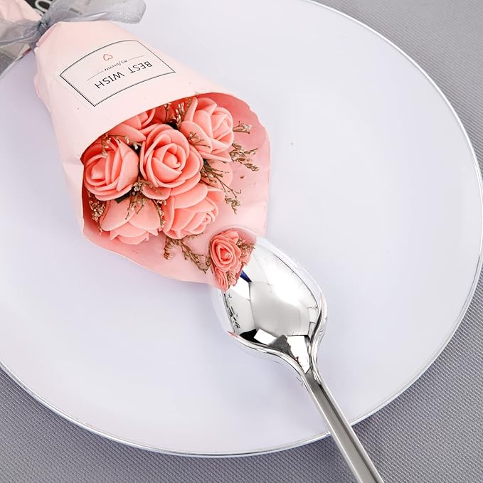 KIRE 100PCS Silver Plastic Plates - Heavy Duty White Disposable Plates with Silver Rim for Party/Wedding - Include 50Pcs 10.25inch Dinner Plates and 50Pcs 7.5inch Dessert Plates