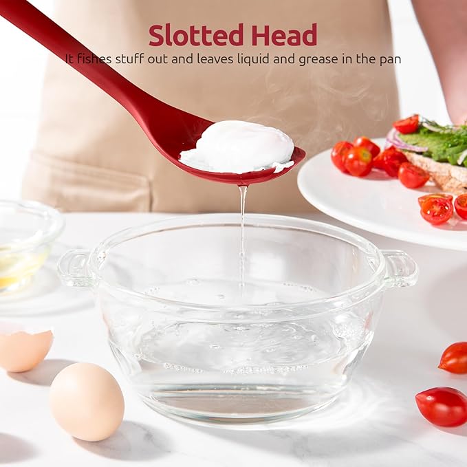 600ºF Heat Resistant Slotted Spoon: U-Taste 13.3in Solid Kitchen Cooking Spoon, Nonstick Food Grade Large & Long Rubber Utensil for Mixing, Serving, Stirring, Basting, Frying, Draining (Red)