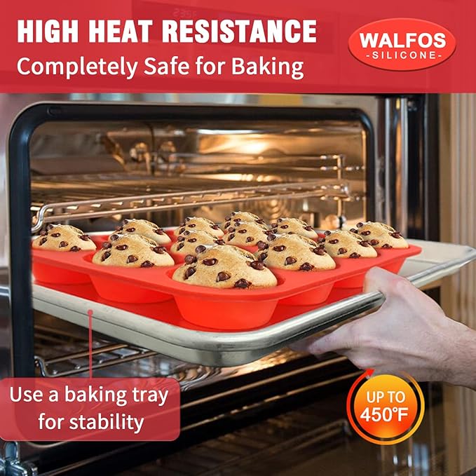 Walfos Silicone Muffin Pan - Cupcake Pans Set of 3, Including 24 Cups Mini Muffin Pans, 12 Cups Regular & 6 Cups Jumbo Muffin Pan, Pop Out Easily - BPA Free & Dishwasher Safe