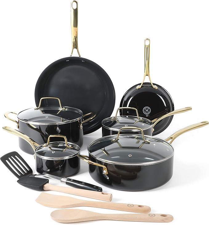 Martha Stewart Lockton 14 Piece Premium Non-Stick Heavy-Gauge Aluminum Cookware Combo Set (Pots, Pans, and Tools) - Black w/Gold Handles
