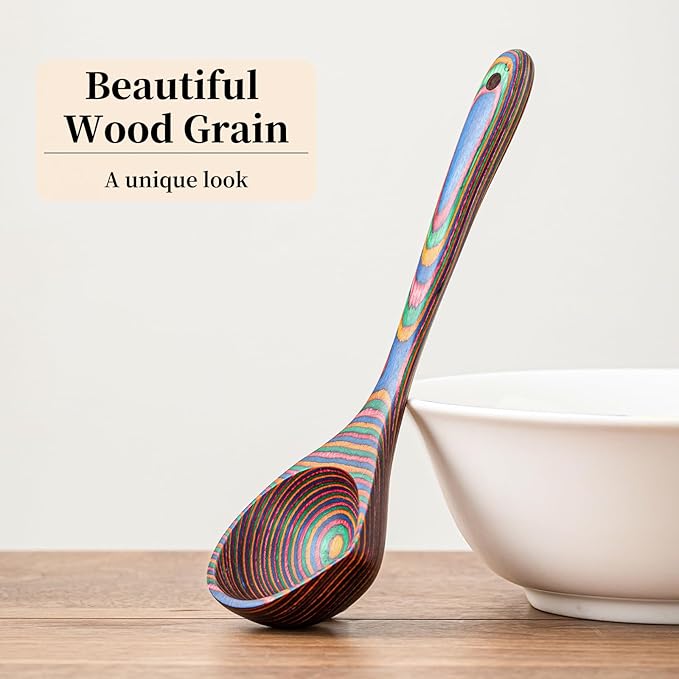 Gudamaye Pakkawood Rainbow Deep Soup Ladle with Spout, 9.6 inch Big Soup Ladle for Cooking