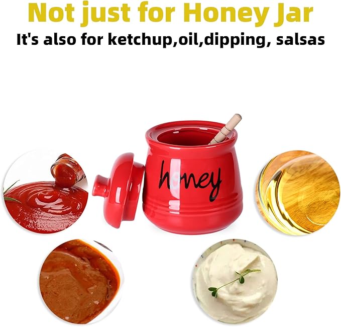 ONTUBE Honey Jar with Dipper and Lid, Ceramic Honey Pot 12oz (Red)