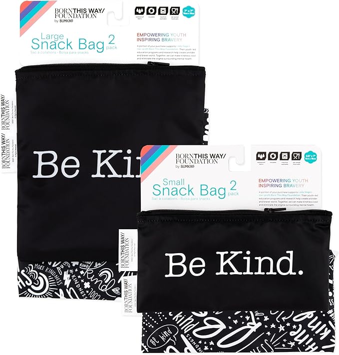 Bumkins - Cloth Snack & Sandwich Bags - For Storage, Travel, Food Prep, Lunch - Reusable, Water Resistant, Washable, Dishwasher Safe - Snack Bags for Kids - Zipper Closure - BTWF Be Kind - 4 Pack