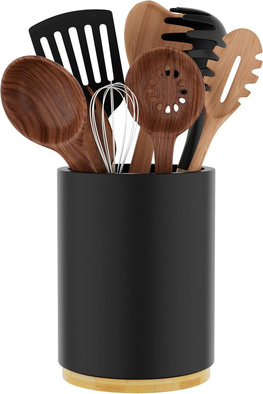 Black Utensil Holder Wood Kitchen Utensil Holder for Countertop, 360°Rotating Cooking Utensil Crock for Counter, 7.2" Large Utensil Organizer for Spatula Kitchen Decor
