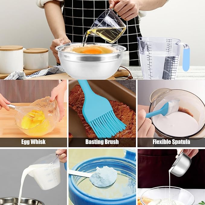 MIKULA Mixing Bowls, Mixing Bowl Set with Lids, 22PCS Large Stainless Steel Mixing Bowls & 400ML Measuring Cups Spoons Storage Nesting Metal Baking Bowl 7/6/4.5/3.5/2.5QT for Kitchen Supplies