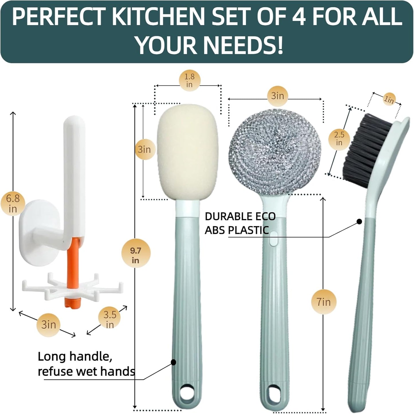 Dish Brush Set of 4 with Holder.Interchangeable Heads Kitchen Scrub Brush,Dishwashing Brush Set with Extended Handle,for Cleaning Pots,Pans,Bottles,Cups,Sinks,scrubbers for Dishes.Green