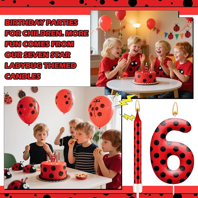 13PCS Ladybug Theme Birthday Candles Set - Red & Black Polka Dot Decorative Candles for Kids Ladybug Themed Parties, Baby Showers, Birthday Cakes, and Ladybird Inspired Celebrations(Number 6)