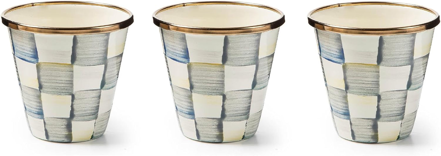 MACKENZIE-CHILDS Enamel Herb Pots, Small Plant Pots for Herbs or Flowers, Set of 3, Gray-and-White Sterling Check