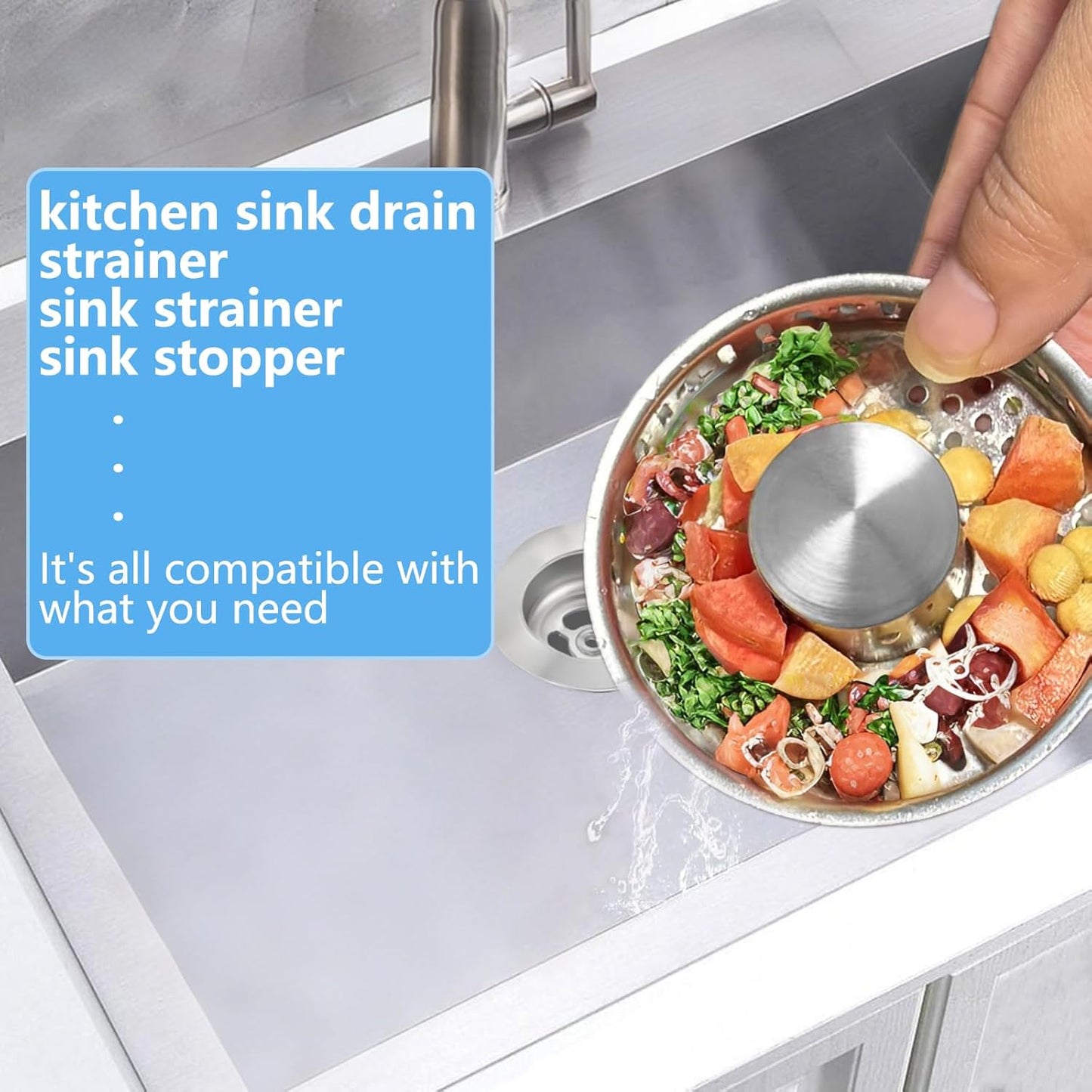 3-in-1 Kitchen Sink Drain Strainer Stopper, Upgraded Stainless Steel Sink Plug with Anti-Clog Filter Basket, Fits Standard 3-1/2 Inch Drain Hole, Pop Up Garbage Disposal Cover, Universal Food Catcher