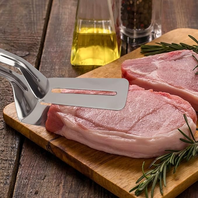 Steak Clamps, 3-in-1 Cooking Tong, Double Sided Spatula, 10 inch Multifunctional Stainless Steel Food Flipping Spatula Tongs Clip for Beefsteak Bread Hamburger BBQ Meats Pizza Pies Bread Fish (2 Pack)