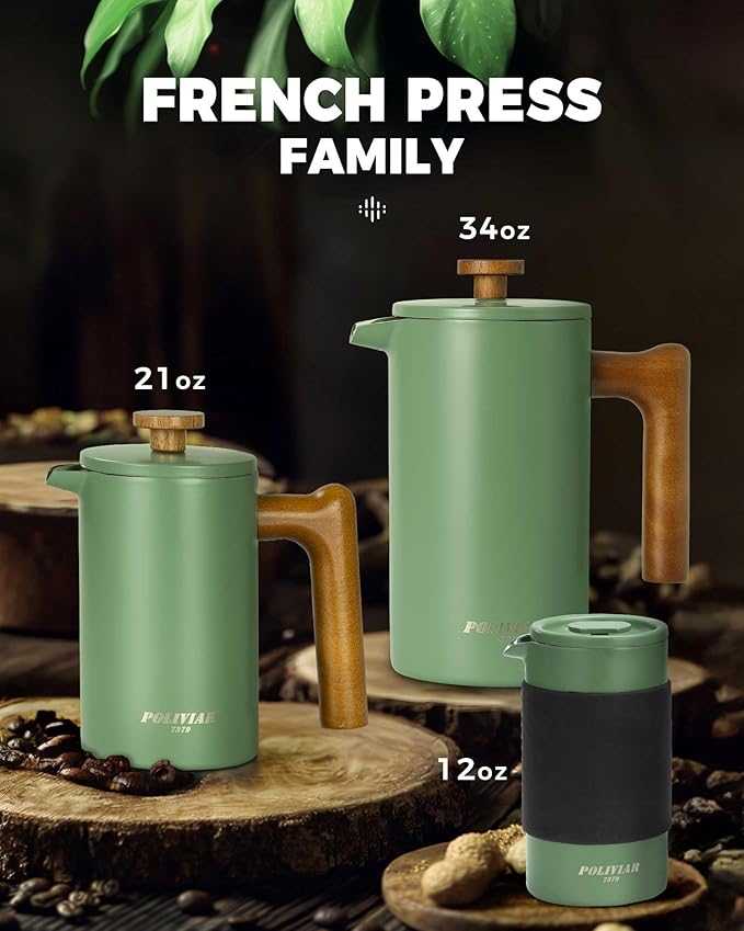 POLIVIAR French Press Coffee Maker, 21 oz Coffee Press with Real Wood Handle, Double Wall Insulation & Dual-Filter Screen, Food Grade Stainless Steel for Good Coffe and Tea, JX2024-SFPN