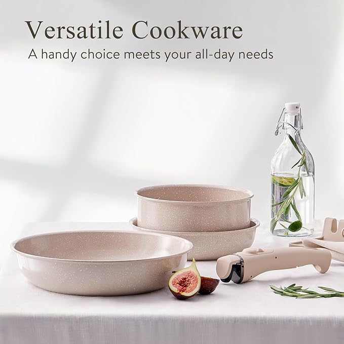 Pots and Pans Set Healthy Non toxic Non Stick Ceramic Cookware Set 21 Pcs Detachable Handles, Oven Safe, Induction Dishwasher, Stackable Frying Pan (PFOS, PFOA Free),Taupe