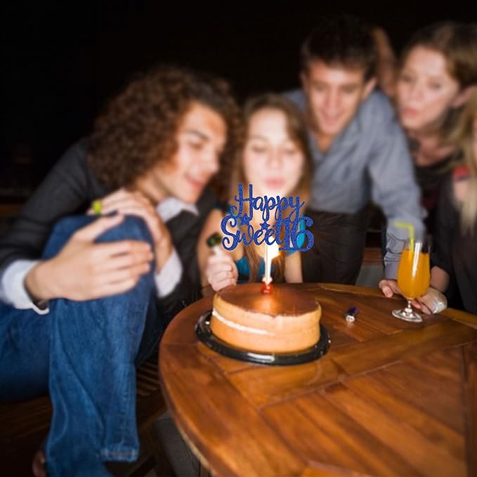 Gyufise 1Pc Happy Sweet 16 Cake Topper Blue Glitter Sweet 16 Birthday Cake Decoration Happy 16th Birthday Decorations for Girls Boys Party Supplies