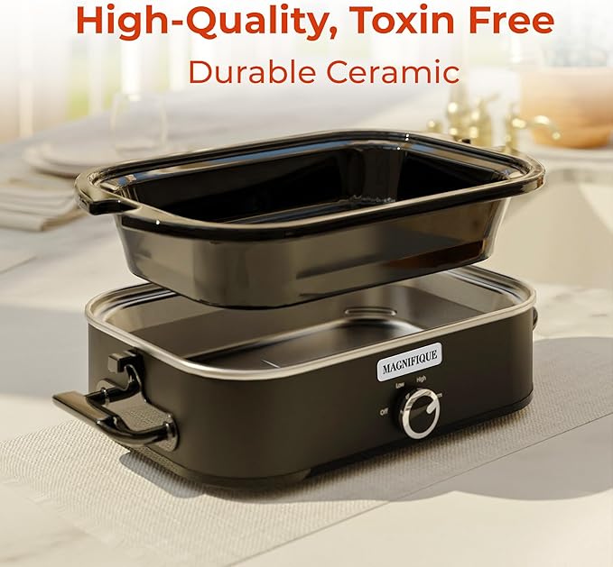 [NEW] MAGNIFIQUE 4-Quart Slow Cooker with Casserole Manual Warm Setting - Perfect Kitchen Small Appliance for Family Dinners, Dishwasher Safe Crock, Black