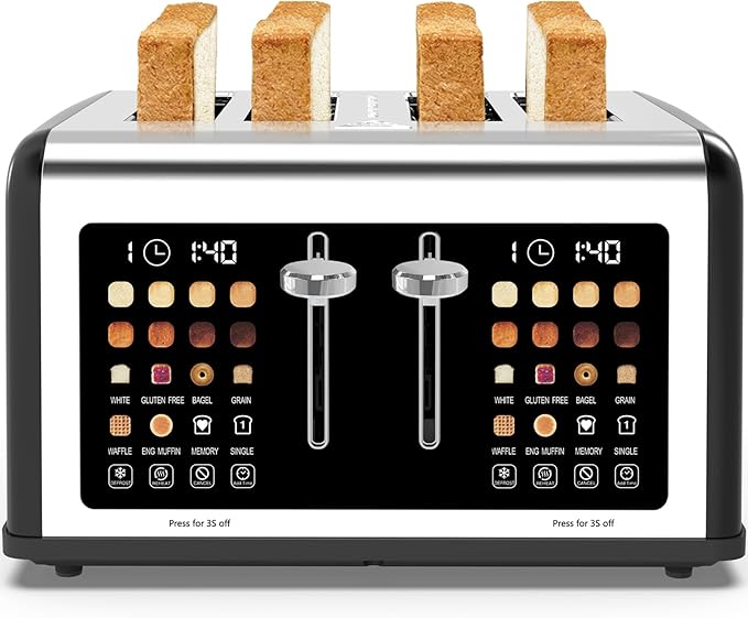 4 Slice Toaster Touch Screen, Stainless Steel Toasters Digital Timer, Dual Control Panel Toasters, 8 Shade Settings 6 Bread Types for Bagel, Cancel, Defrost 1650W Black