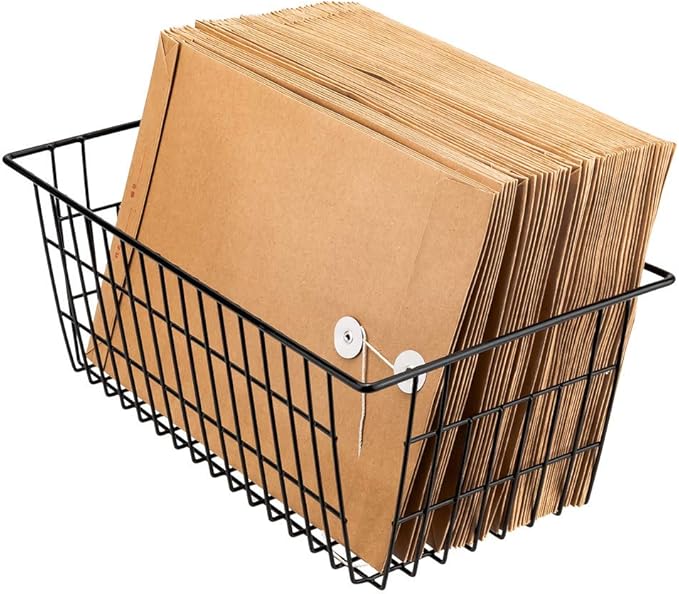 SANNO Freezer Wire Baskets, Refrigerator Freezer Baskets Wire Metal Storage Basket, Farmhouse Storage Organizer Bin for Pantry, Shelf, Kitchen, Cabinet, Bathroom Black 15.7" L x 7.9" Wx 5.9" H