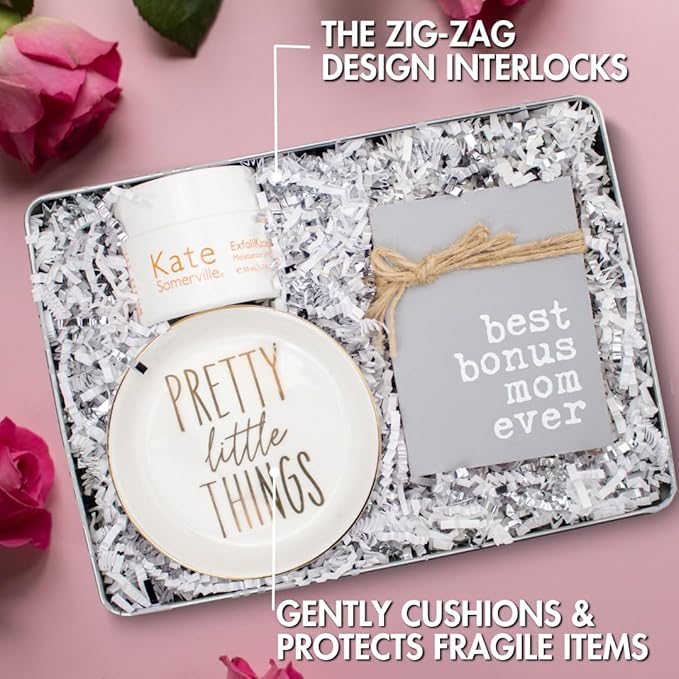 MagicWater Crinkle Cut Paper for Gift Baskets - 2LB - White & Silver - Perfect for Shredded Paper Filler, Basket Filler, Gift Boxes, Bridesmaid Gifts, Halloween Stuffers & More – for All Occasions