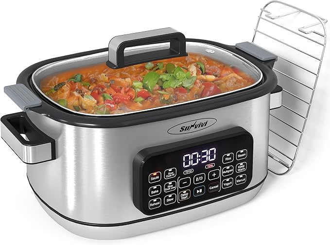 Sunvivi 12-in-1 Multi Slow Cooker Roaster Oven, 6.5QT Sliver Digital Programmable Slow Cooker with Rack, Large Removable Nonstick Crock, Glass Lid, Multicooker with Timer Temp Control, Delay Start