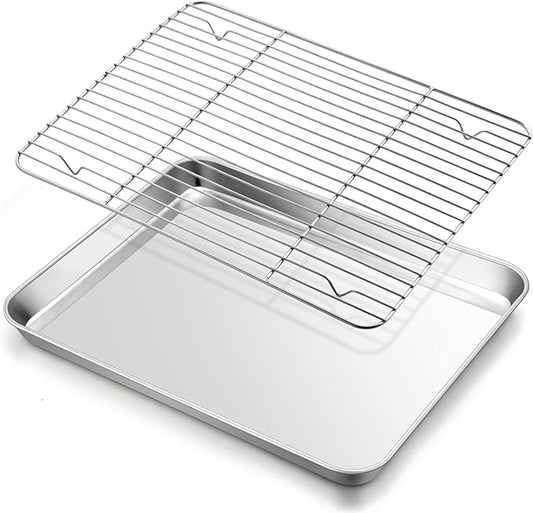 Baking Sheet with Rack Set, E-far 16”x12” Stainless Steel Cookie Sheet Pan for Oven, Rimmed Metal Tray with Wire Cooling Rack for Cooking Roasting Resting Bacon Meat Steak - Dishwasher Safe