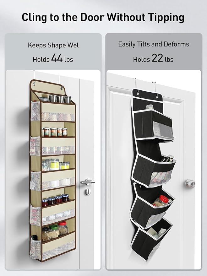Yecaye 2 Pc Over the Door Organizer with 5 Bins 10 Side Pockets, 44lbs Load Hanging Bathroom and Bedroom Organizer, behind the Door Hanging Organizers for Nursery Newborn Baby Essential Stuff Beige