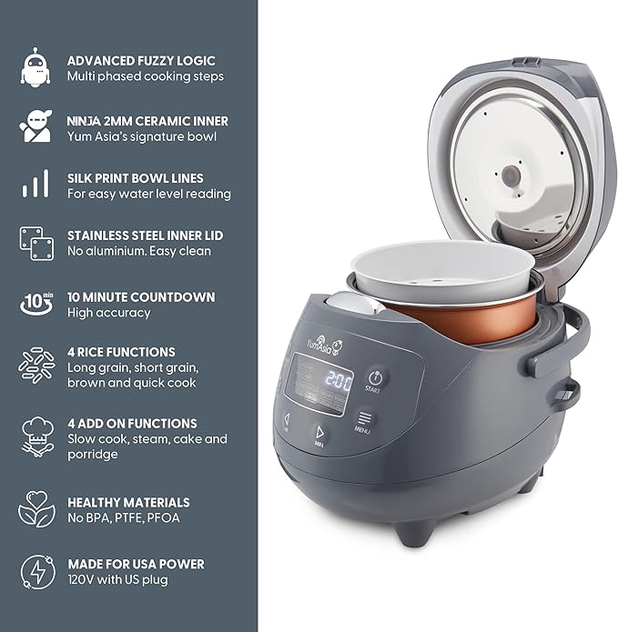 Yum Asia Panda Mini Rice Cooker With Ninja Ceramic Bowl and Advanced Fuzzy Logic (3.5 cup, 0.63 litre) 4 Rice Cooking Functions, 4 Multicooker functions, Digital LED display - 120V