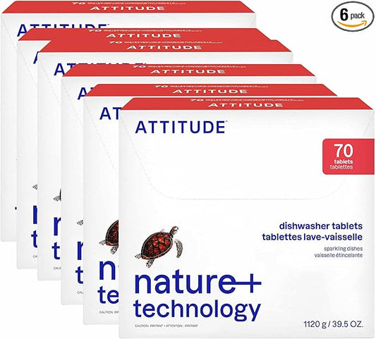 ATTITUDE Dishwasher Pods, Plant-Based & Vegan, Phosphate-Free Detergent Tablets, Naturally Derived, Unscented, 70 Count (Pack of 6)