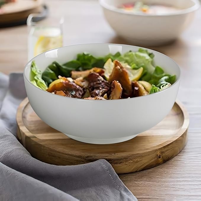 QINLANG 60 Ounces Large Soup Bowl, 8 Inches Pho Bowls, Large Ramen Bowls Set of 3, Off-White Porcelain Big Serving Bowls for Salad and Kitchen