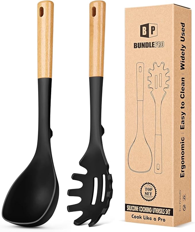 Silicone Soup Ladle and Spaghetti Spoon Set with Wooden Handle, Non Stick Heat Resistant Kitchen Utensils for Cooking, Stirring, Serving Pasta, Soup & Sauce(BLACK)