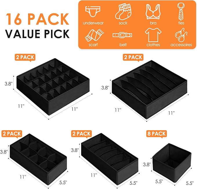 Drawer Organizer Clothes, 16 Pack Dresser Organizer Bins for Baby Clothes, Underwear Sock, Fabric Closet Organization and Storage Dividers for Nursery Bedroom (96 Compartments, Black)