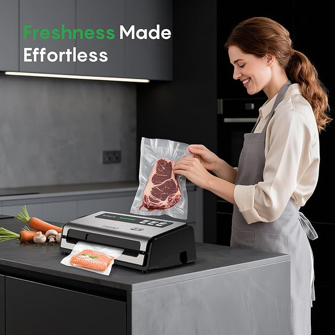 FRESKO Food Vacuum Sealer with Automatic Bag Detection, Double Heat Seal, Built-in Bag Roll Storage & Cutter, 2 Rolls Bags, Starter Kit