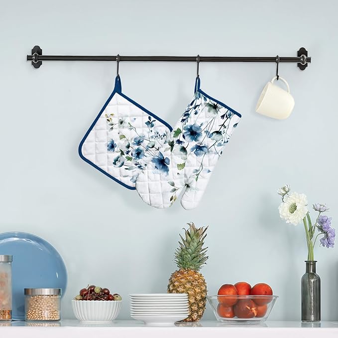 Blue Watercolor Flower Oven Mitts and Pot Holders Sets 100% Cotton Heat Resistant, Extra Long Oven Gloves Potholder for Kitchen Cooking Baking Housewarming