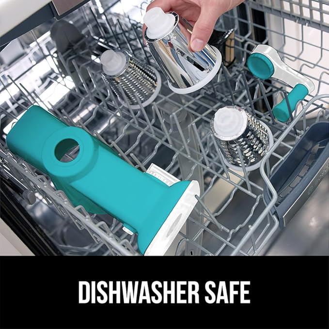 GORILLA GRIP BPA-Free Rotary Cheese Grater Hand Crank, Easy to Set Up, Strong Suction Base for Kitchen Countertop, Shred Potato, Vegetable, Nuts in Seconds, Round Mandoline Slicer, 3 Blades, Turquoise