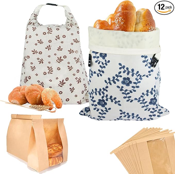 Reusable Bread Bags for Homemade Bread Sourdough, 2 Pack XL Bread Bag with Zipper, 10 Pcs Large Paper Bags with Window, Beeswax-Lined Cotton Storage Bags to Keep Fresh, Freezer Safe Eco-Friendly