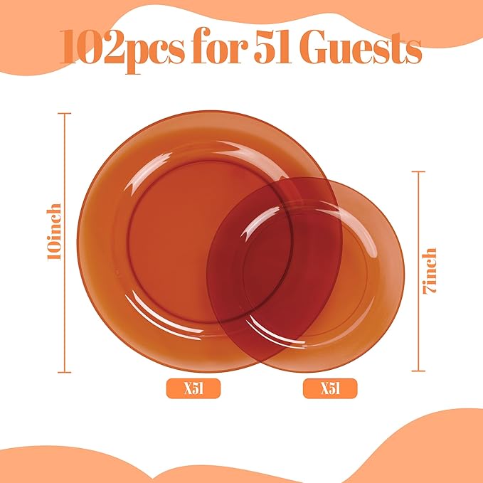 I00000 102 Pcs Clear Brown Plastic Plates - Elegant Disposable Plastic Party Plates Include 51 Dinner Plate 10’’ and 51 Dessert Plate 7’’ Perfect for Birthday, Party & Wedding