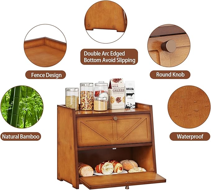 Vintage Double Layer Bread Box for Kitchen Counter Bamboo Bread Storage Container Large Capacity Bread Storage Bin