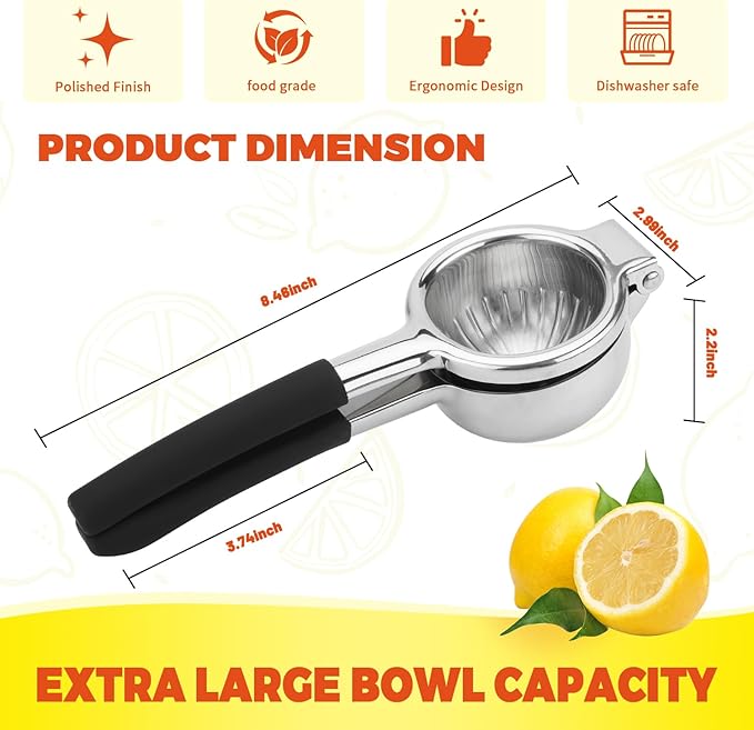 Lemon Squeezer,304 Stainless Steel Citrus Press Juicer,Non-Slip Grip Design Manual Juicer,Heavy Duty Manual Citrus Press Juicer & Lime Squeezer-Silver & BLack