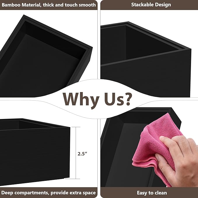 Kitchen Drawer Organizer Bins, Stackable Bamboo Drawer Organizer for Silverware, 2 Pcs Toilet Paper Basket Holder, Wood Bathroom Tray Countertop, Toilet Tank Tray Black 15" x 6" x 2.5"