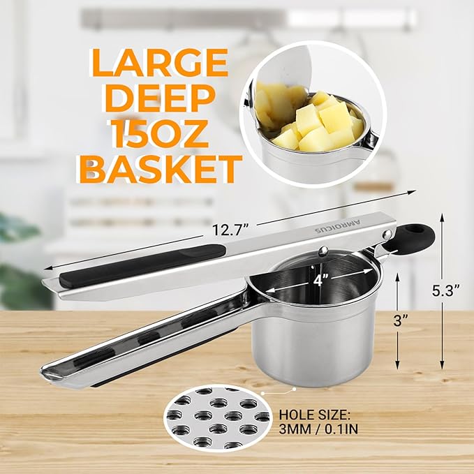 Potato Ricer Stainless Steel, Large Potato Masher 15oz, Heavy Duty Ricer Kitchen Tool for Perfect Mashed Potatoes, Potato Press and Mash Kitchen Gadget, Spaetzle Maker for Noodle