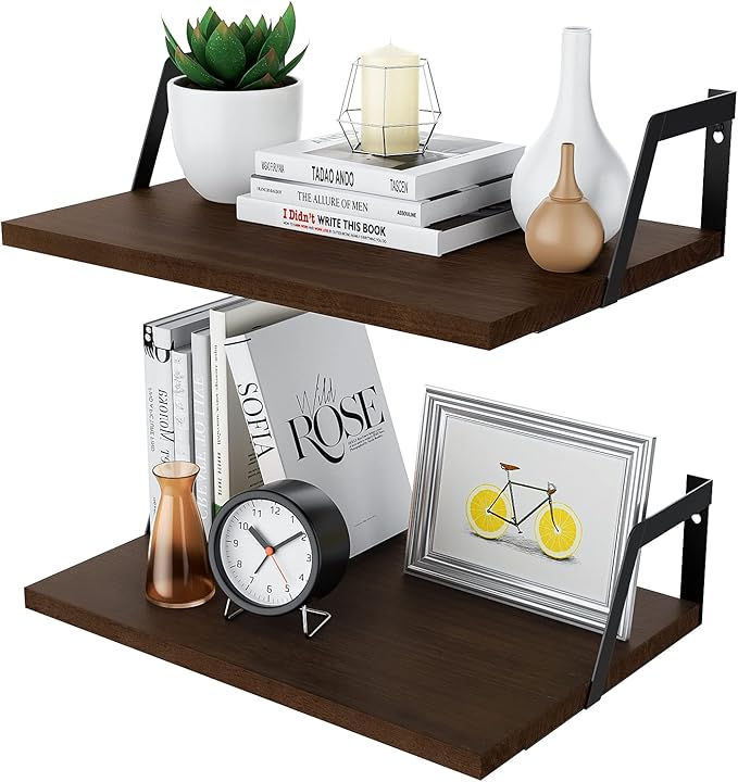 SRIWATANA Floating Shelves Wall Mounted Set of 2 Rustic Wood Shelves with Large Capacity(Dark Walnut)