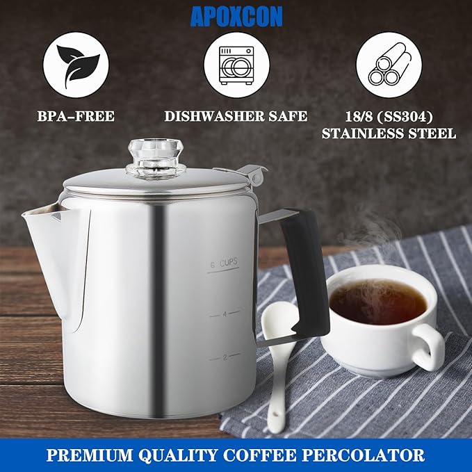 Multi Use Percolator Coffee Pot Stainless Steel Stove Top Coffee Maker with Two Tough Borosilicate Glass Knob Silica Handle Camping Coffee Pot Using on Campfire Stove & Induction Cooker Silver 6 Cup