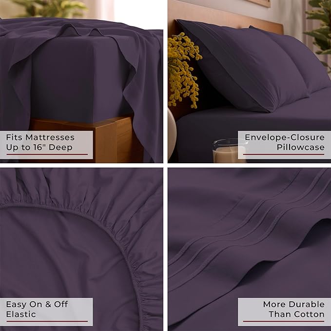 Mellanni Full Sheets Set - 4 PC Iconic Collection Bedding - Hotel Luxury, Extra Soft, Cooling Bed Sheets - Wrinkle, Fade, Stain Resistant (Full, Purple)
