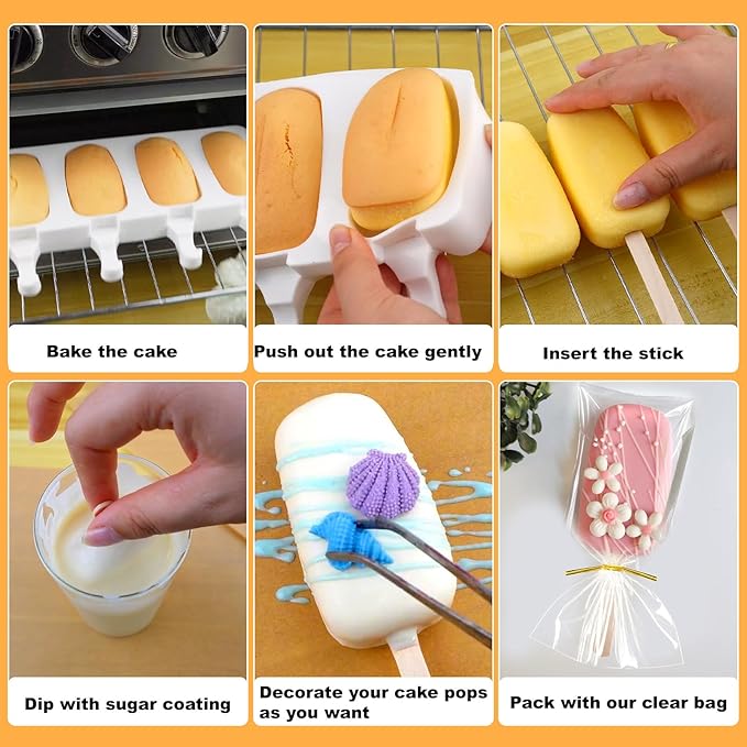 Juome Cake Pop Mold Kit, 2 Pack 8 Cavities Cakesicle Molds Silicone with 100 Wooden Sticks & 100 Packaging Bags with Ties, Cake Pop Maker Supplies Accessories, Baking Tools for Home Baking Desserts
