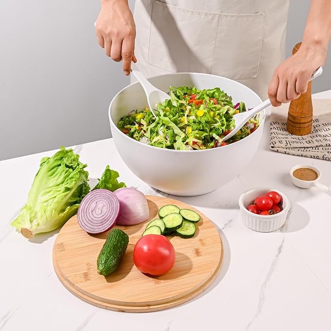 Salad Bowl with Lid, 12" Extra Large Bamboo Fiber Salad Bowl with Servers Set for Kitchen, Nature Bamboo Mixing and Serving Bowl with Lid, Spoon and Fork for Fruits,Salads and Vegetables