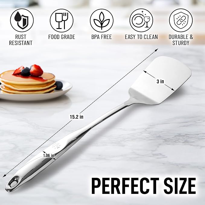 Zulay Kitchen Premium Stainless Steel Metal Spatula - Cooking Spoon Turner - Durable Cooking Utensil with Ergonomic, Easy to Use Handle - Easy to Clean, Perfect for at Home Cooks & Chefs - 15”