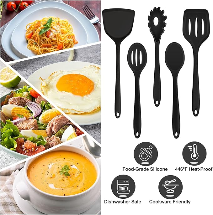 TeamFar Silicone Cooking Utensils Set of 5, Kitchen Utensils Solid & Slotted Spoons Turners Pasta Server for Nonstick Cookware, Healthy & Heat-Resistant, Seamless & Non-Scratch, Dishwasher Safe, Black