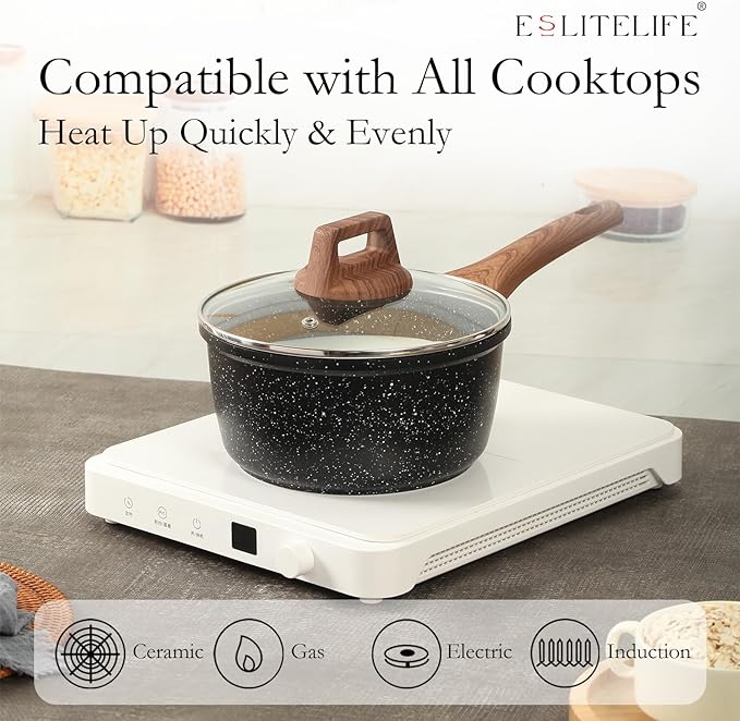 ESLITE LIFE Nonstick Cookware Sets, 9 Pcs Granite Coating Pots and Pans Set Kitchen Cooking Set, Compatible with All Stovetops (Gas, Electric & Induction), PFOA Free, Black