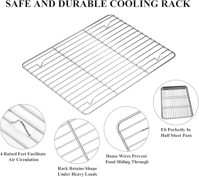 Deedro Baking Sheet with Rack Set [2 Sheets + 2 Racks], Stainless Steel Cookie Half Sheets Baking Pan Oven Tray with Cooling Rack, 12 x 10 x 1 Inch, Heavy Duty, Non-toxic, Easy Clean